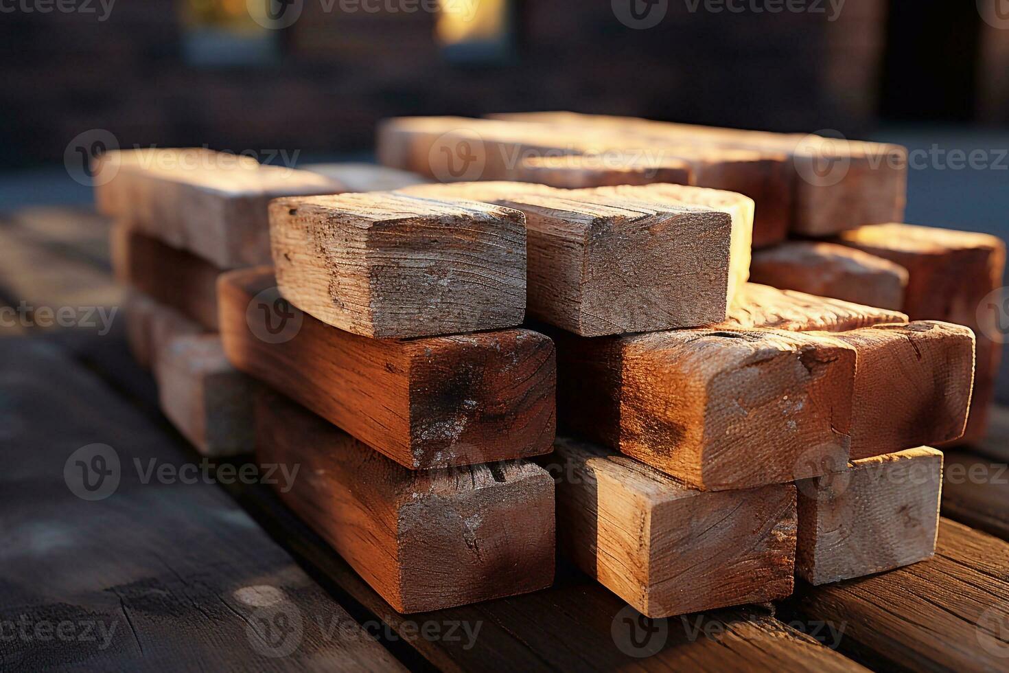 pila de de madera largo ladrillos aislado en difuminar antecedentes. selectivo enfocar. generativo ai foto