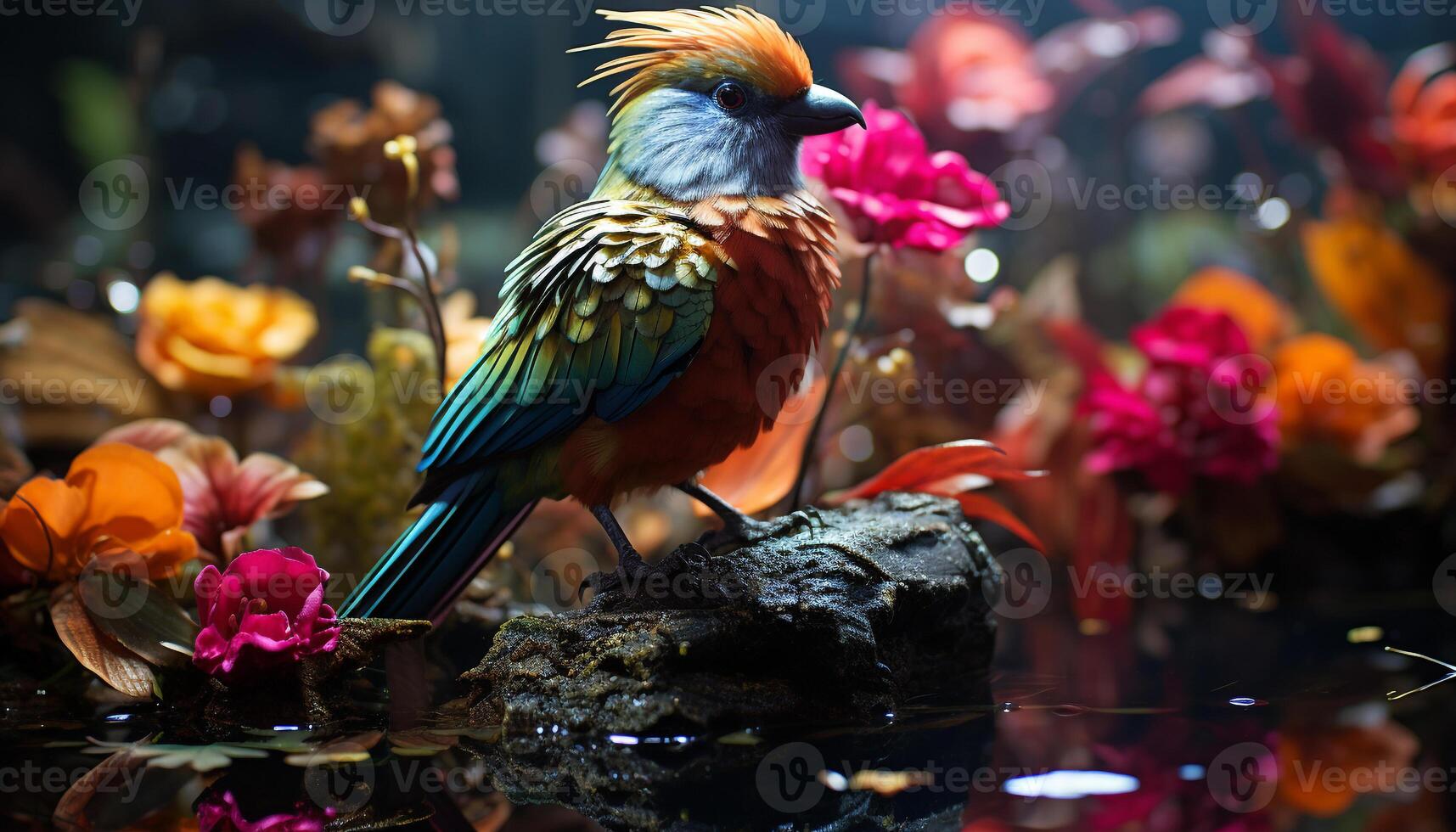 Macaw perching on a branch, showcasing vibrant colors in nature generated by AI photo