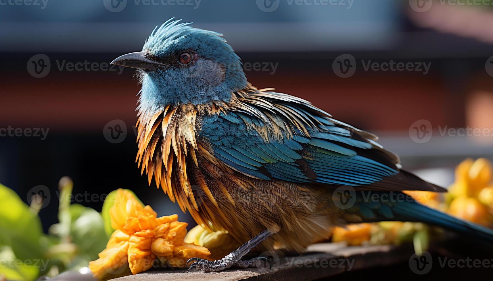 Bird perching on a branch, feathers vibrant in green tropical climate generated by AI photo