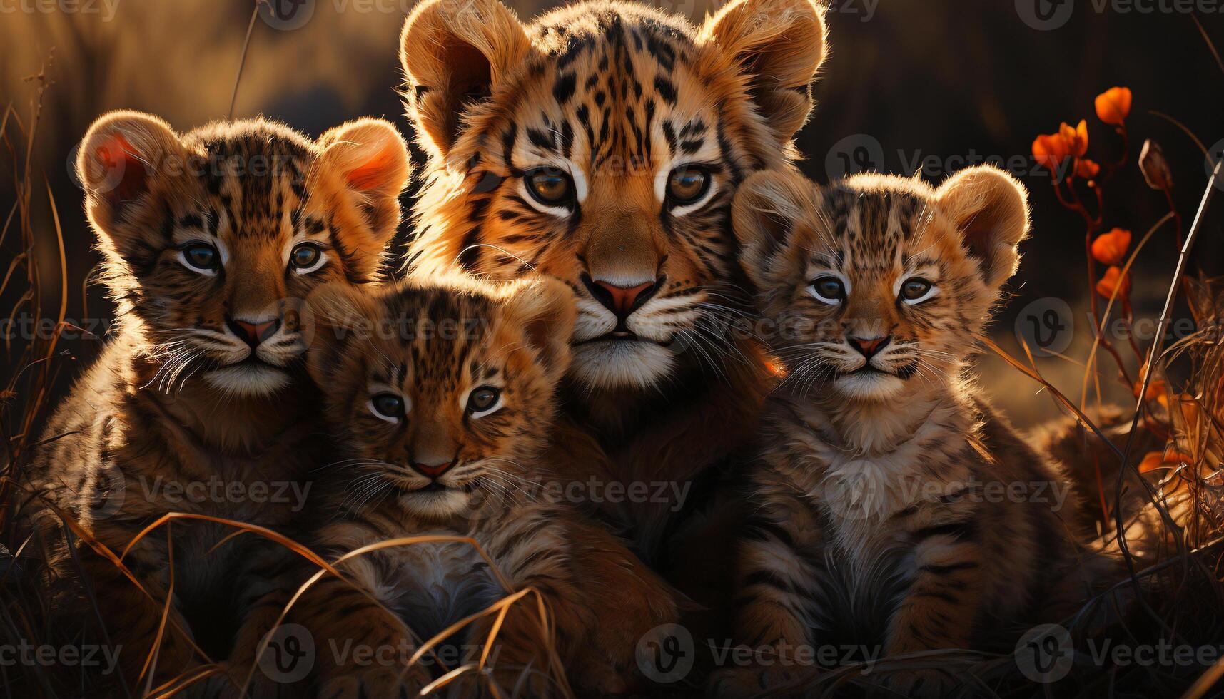 Cute tiger cub sitting in grass, staring alertly at camera generated by AI photo