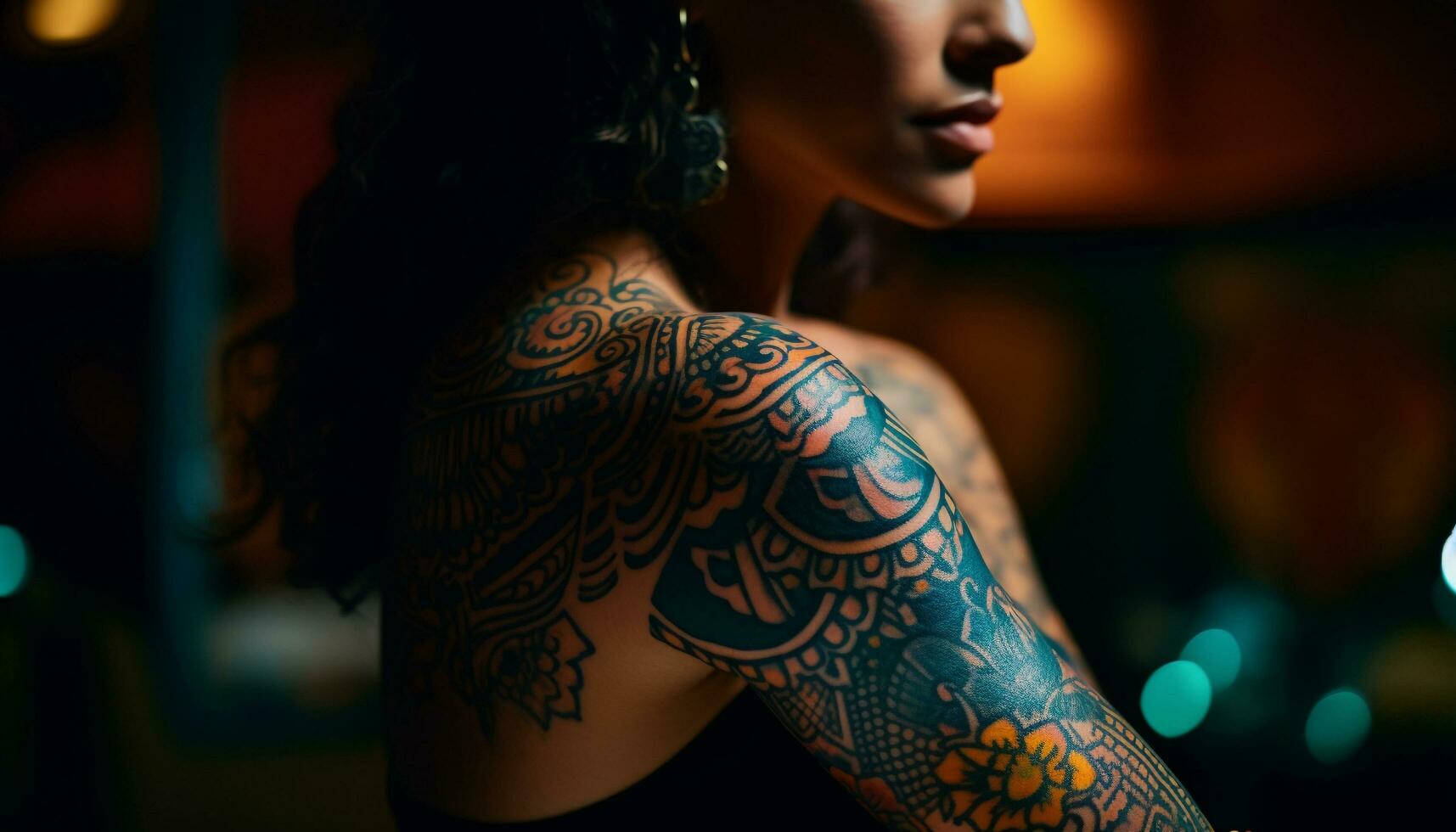 Young women with tattoos showcase beauty and sensuality in nightlife generated by AI photo