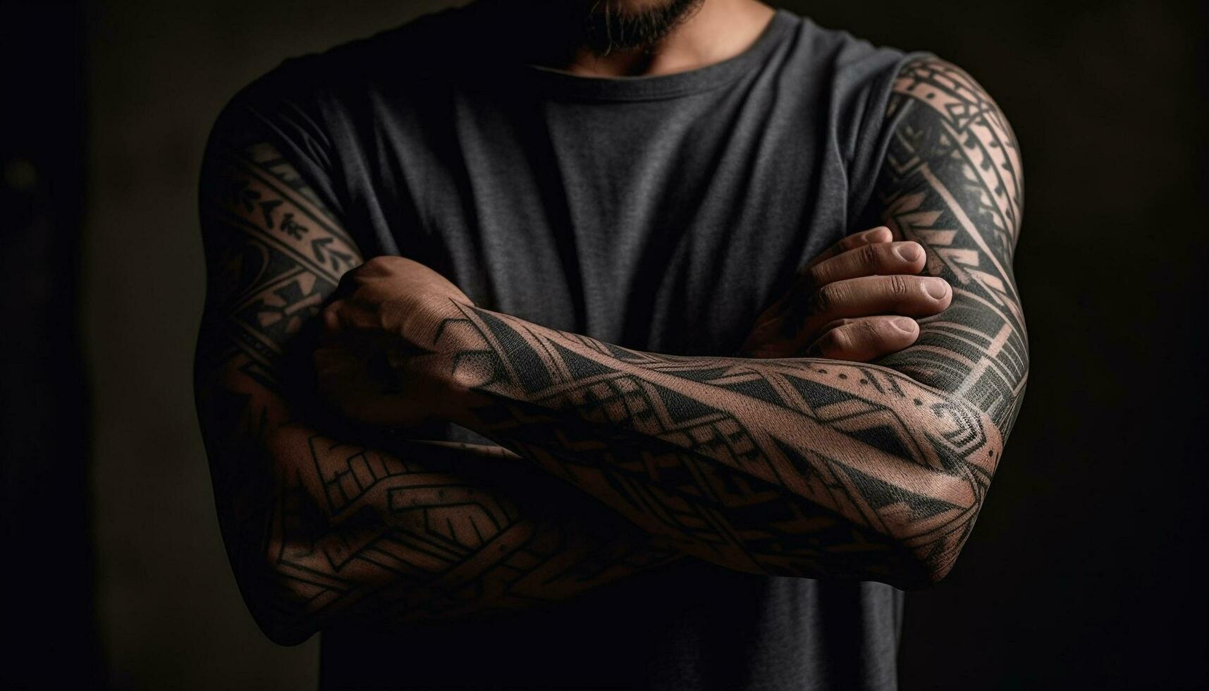Confident, fashionable man with a muscular build and elegant tattoo generated by AI photo