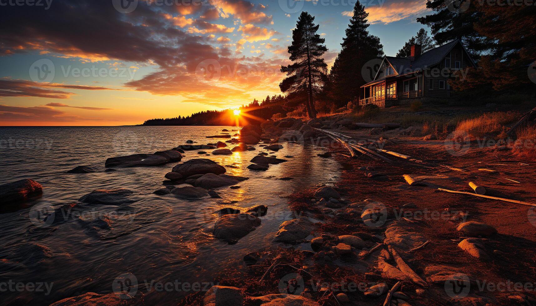 Tranquil scene sunset paints nature beauty on water, sand, and sky generated by AI photo