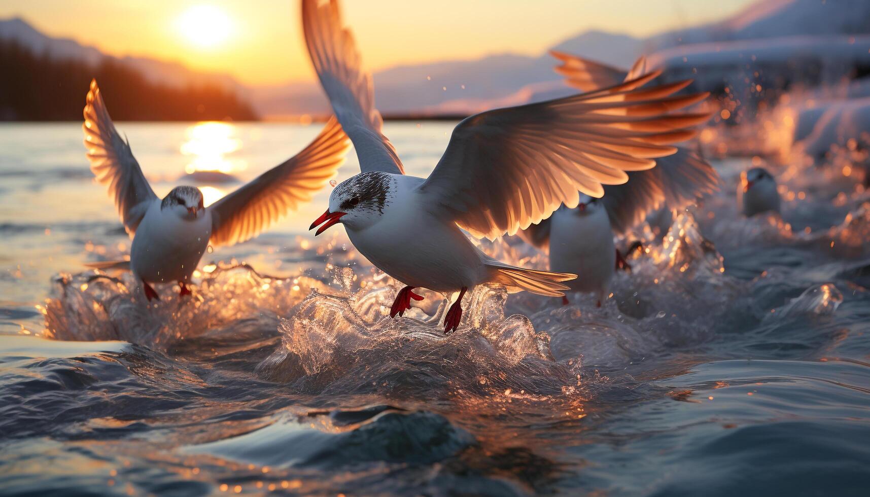 Seagull flying freely, wings spread, reflecting peace in tranquil sunset generated by AI photo