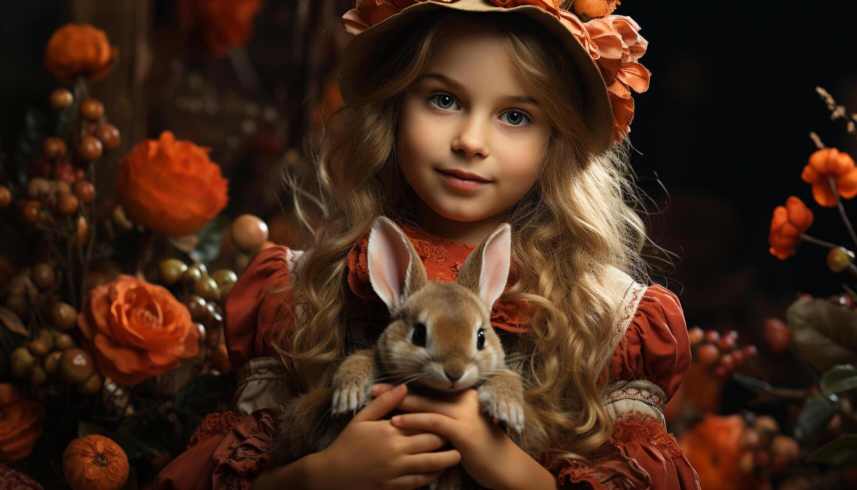 Cute girls smiling, holding baby rabbit, celebrating joy and togetherness generated by AI photo