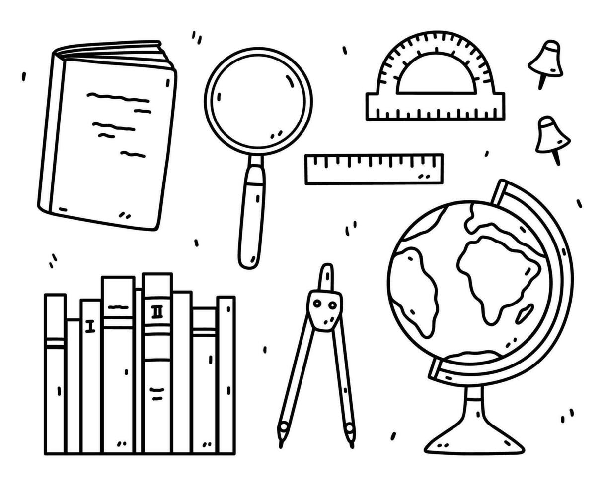 A set of school supplies - books and notebooks, a globe, a magnifying glass, compasses, rulers and pins. Vector hand-drawn illustration in doodle style. Perfect for logo, decorations, various designs.