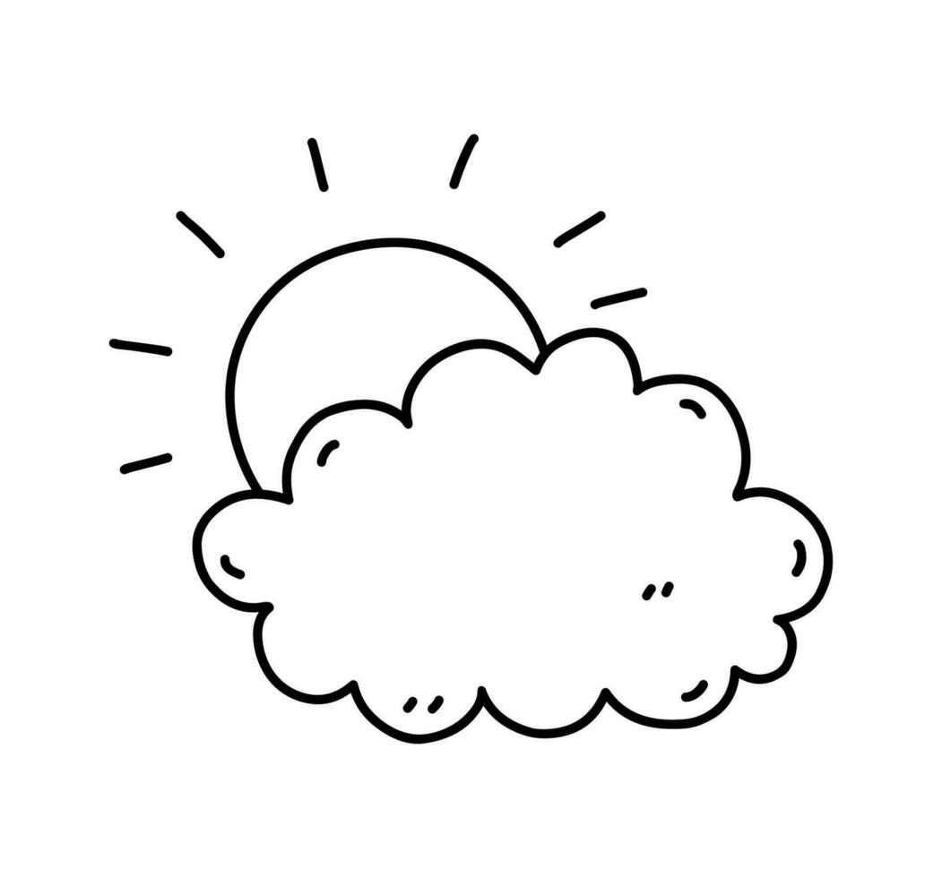 The sun behind the cloud isolated on white background. Weather element. Vector hand-drawn illustration in doodle style. Perfect for cards, decorations, logo, various designs.