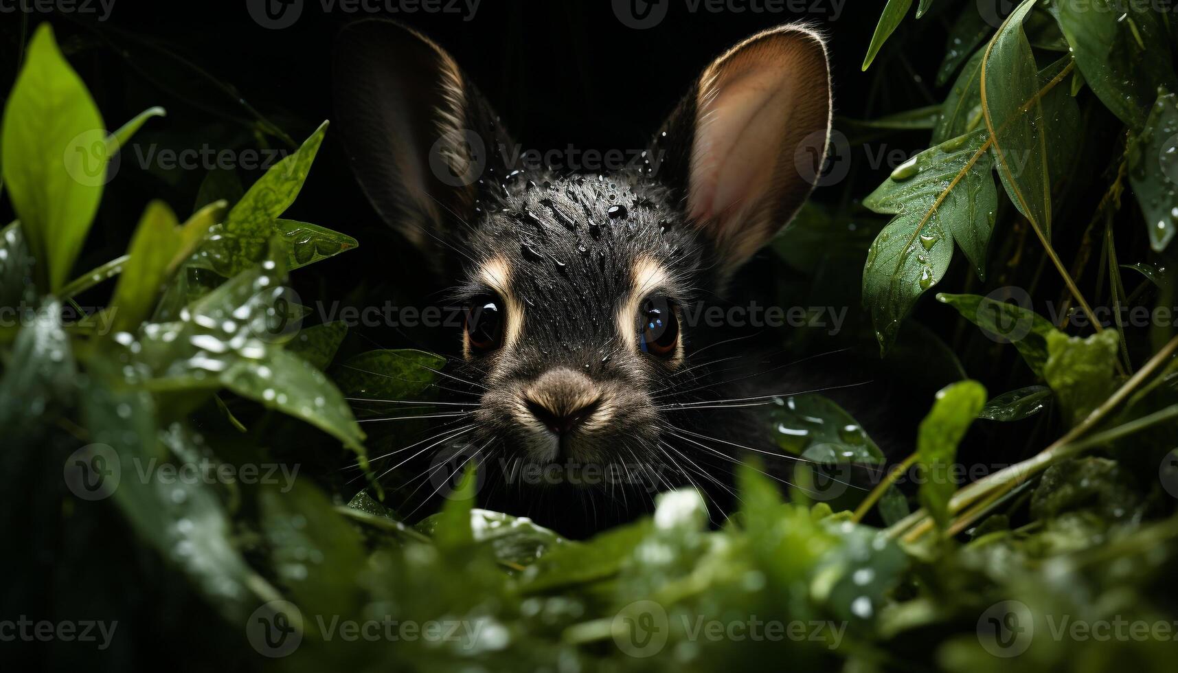 Cute rabbit sitting on grass, fluffy fur, looking at camera generated by AI photo