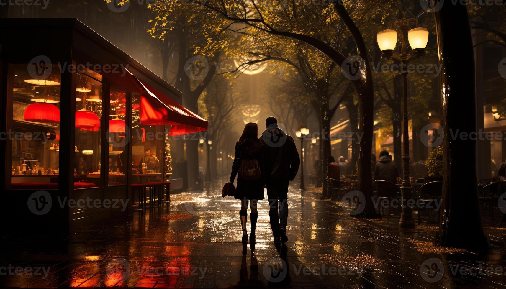 Unrecognizable couple walking in the city, illuminated by street lights generated by AI photo