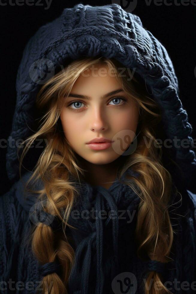 Cozy and Stylish Captivating Image of a Girl with White Golden Hair Blue Eye in Winter Attire and Cap Generative Ai photo
