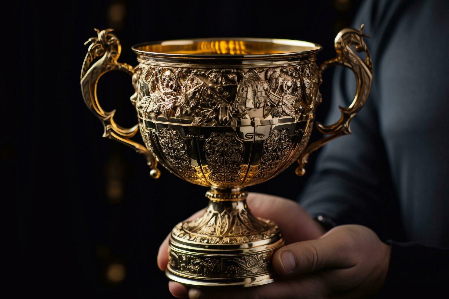 Gilded Glory Handclasp on Gold Cup Trophy of Excellence Forged by Generative AI photo