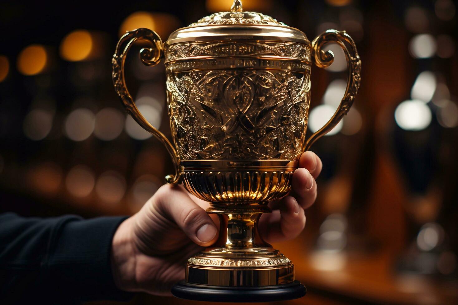 Champion's Aura Gold Cup Grasped in Hand Trophy Gold Formed by Generative AI photo