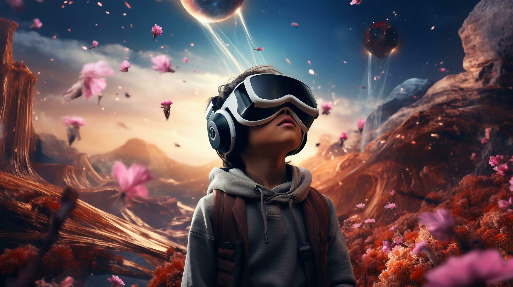 Bridging Realities Man Engages with Surreal World via VR Headset, Shattering Conventions, Generative AI photo