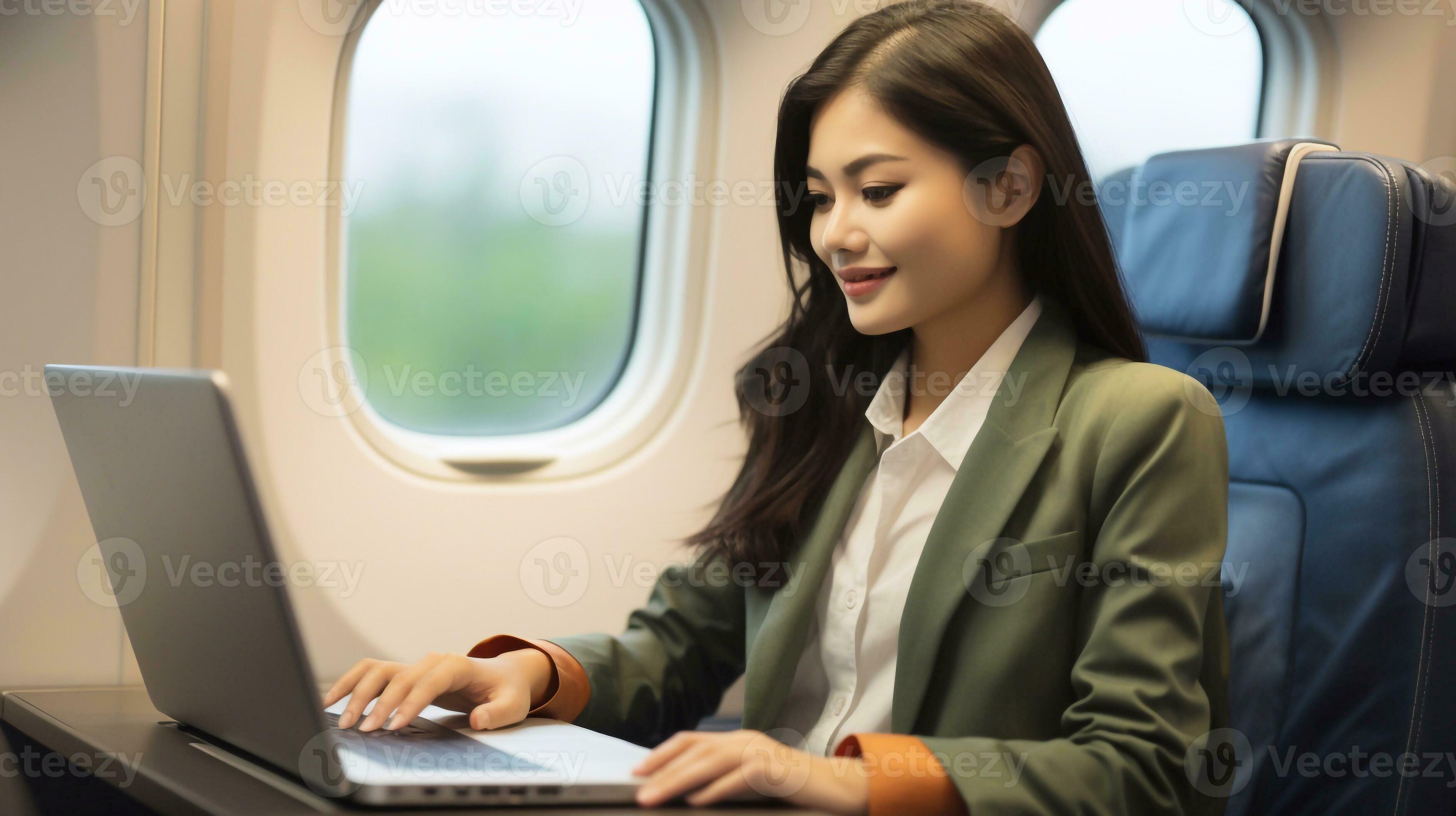 Airborne Efficiency Young Woman Tapping into Laptop on Flight Nurtured