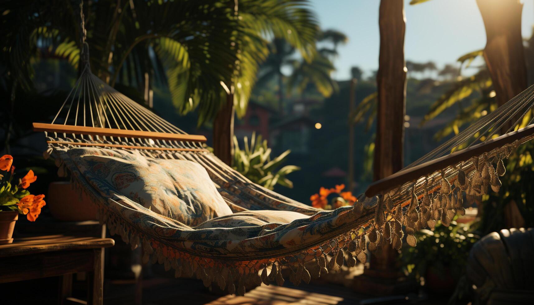 Tranquil scene hammock resting under palm tree, enjoying tropical sunset generated by AI photo