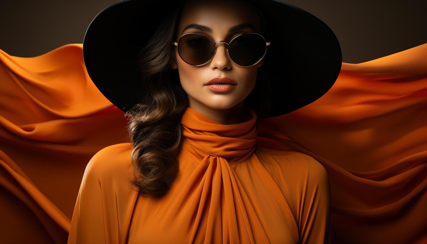 Beautiful fashion model with long brown hair looking at camera generated by AI photo