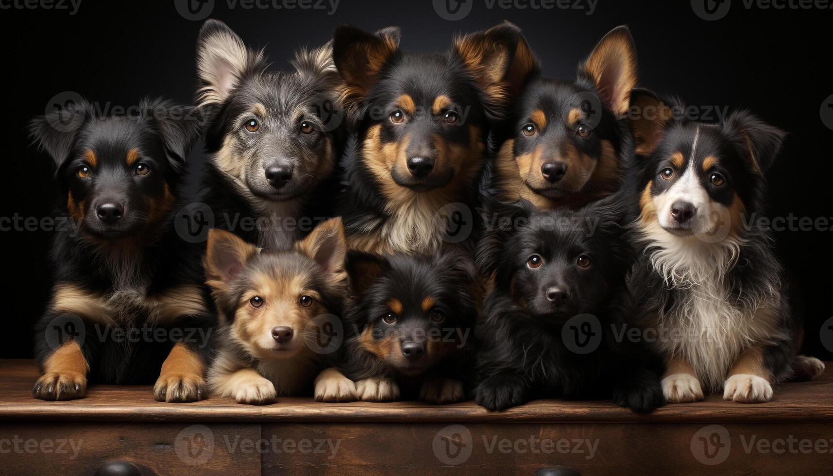Cute puppy sitting, looking at camera, in a small group generated by AI photo