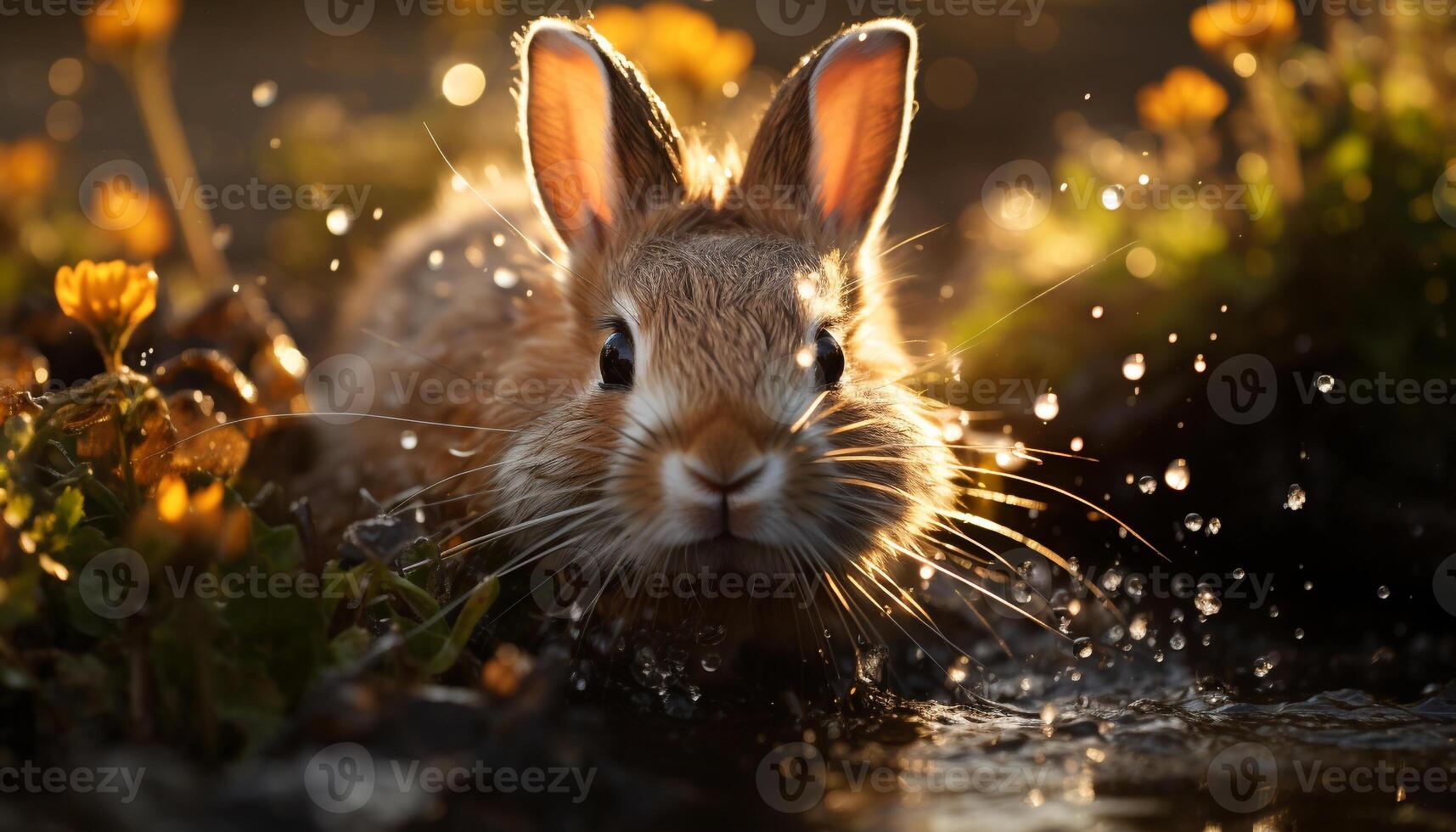 Cute small rabbit sitting in grass, fluffy fur, selective focus generated by AI photo