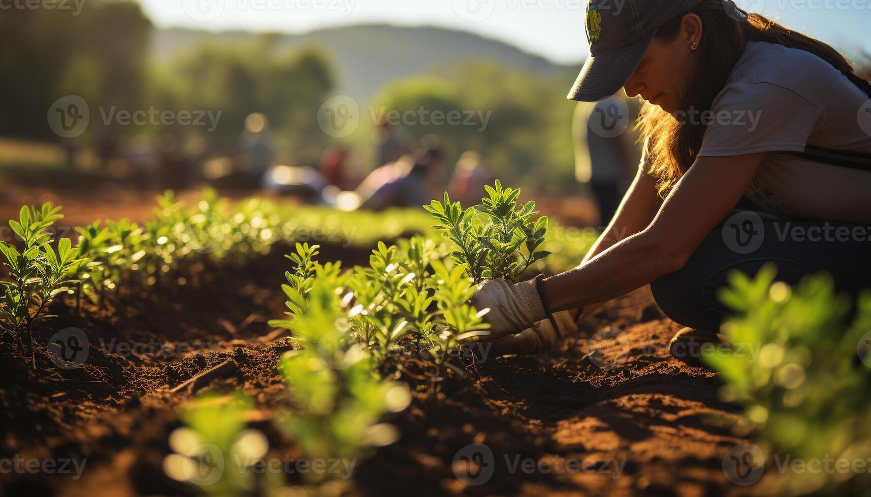 Women and men working on a farm, planting green plants generated by AI photo