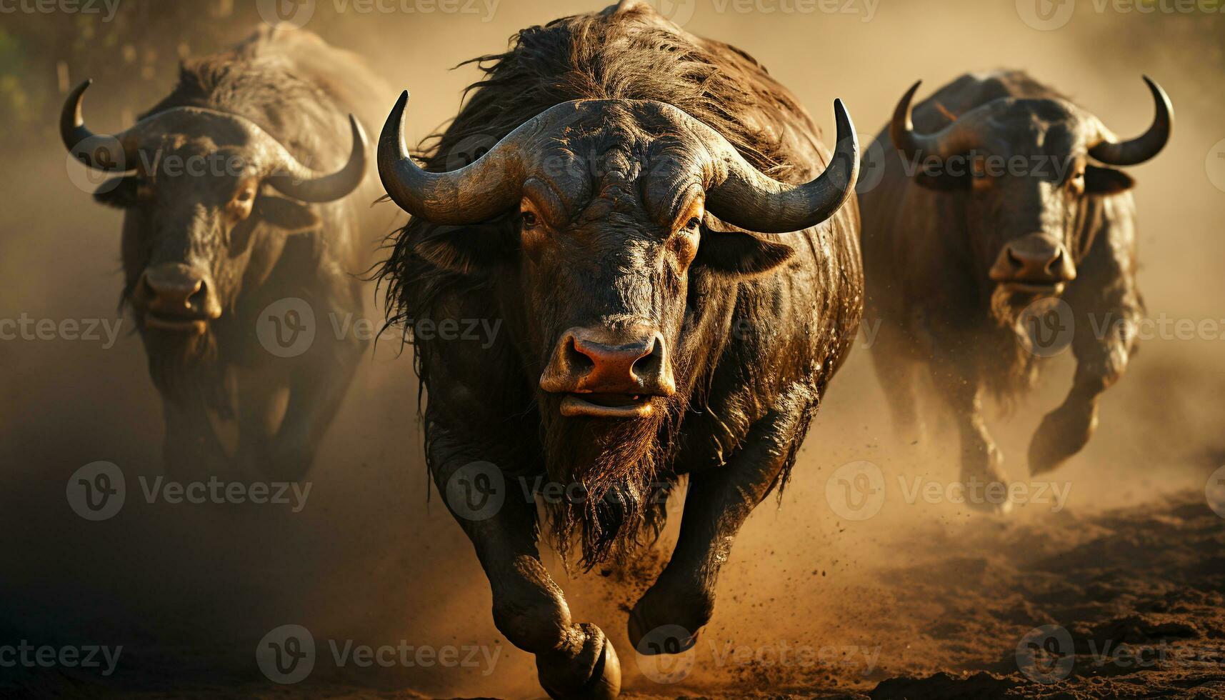 African buffalo roam freely in the wild, showcasing their strength generated by AI photo
