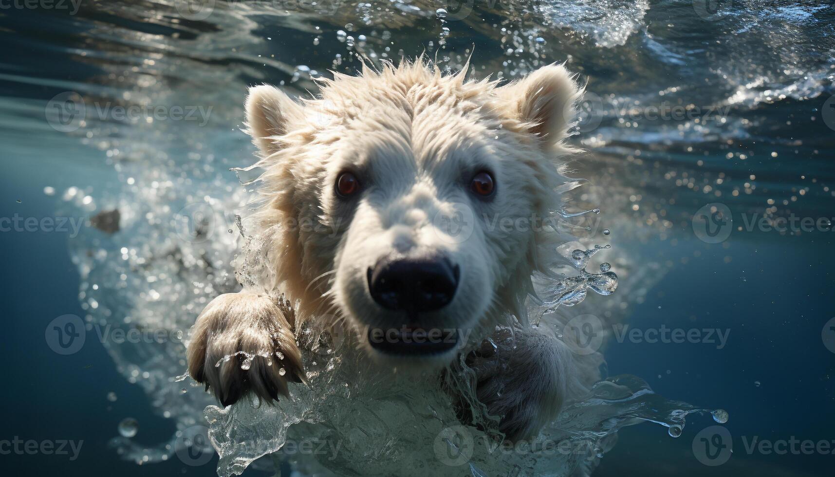 A wet dog swims underwater, splashing in the ripples generated by AI photo