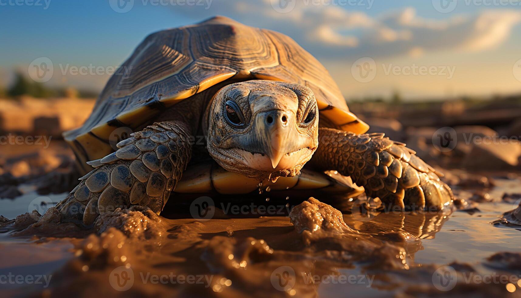 A slow turtle crawls in the sand, its shell glistening generated by AI photo