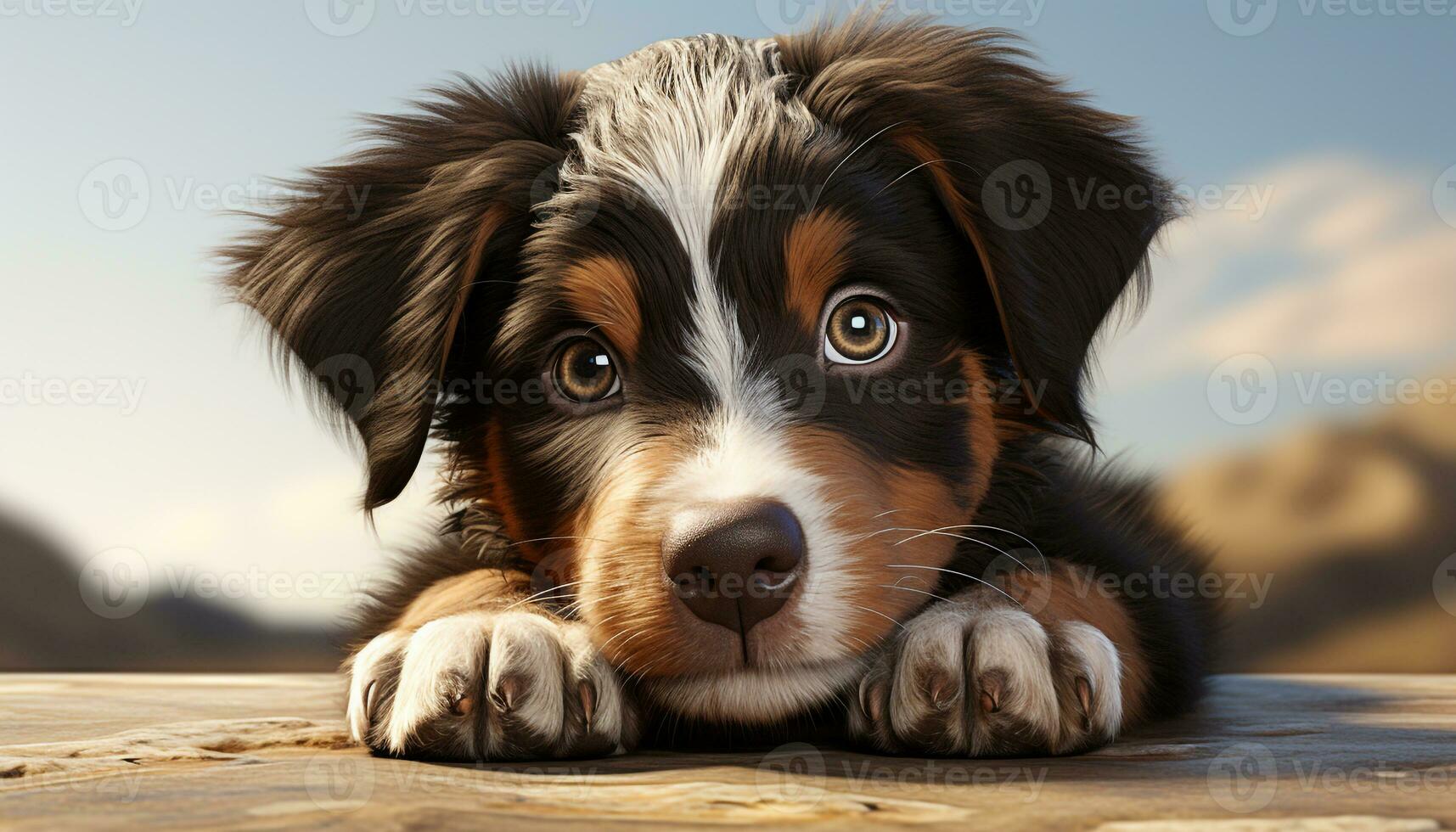 Cute puppy sitting, looking at camera, playful, fluffy, obedient generated by AI photo