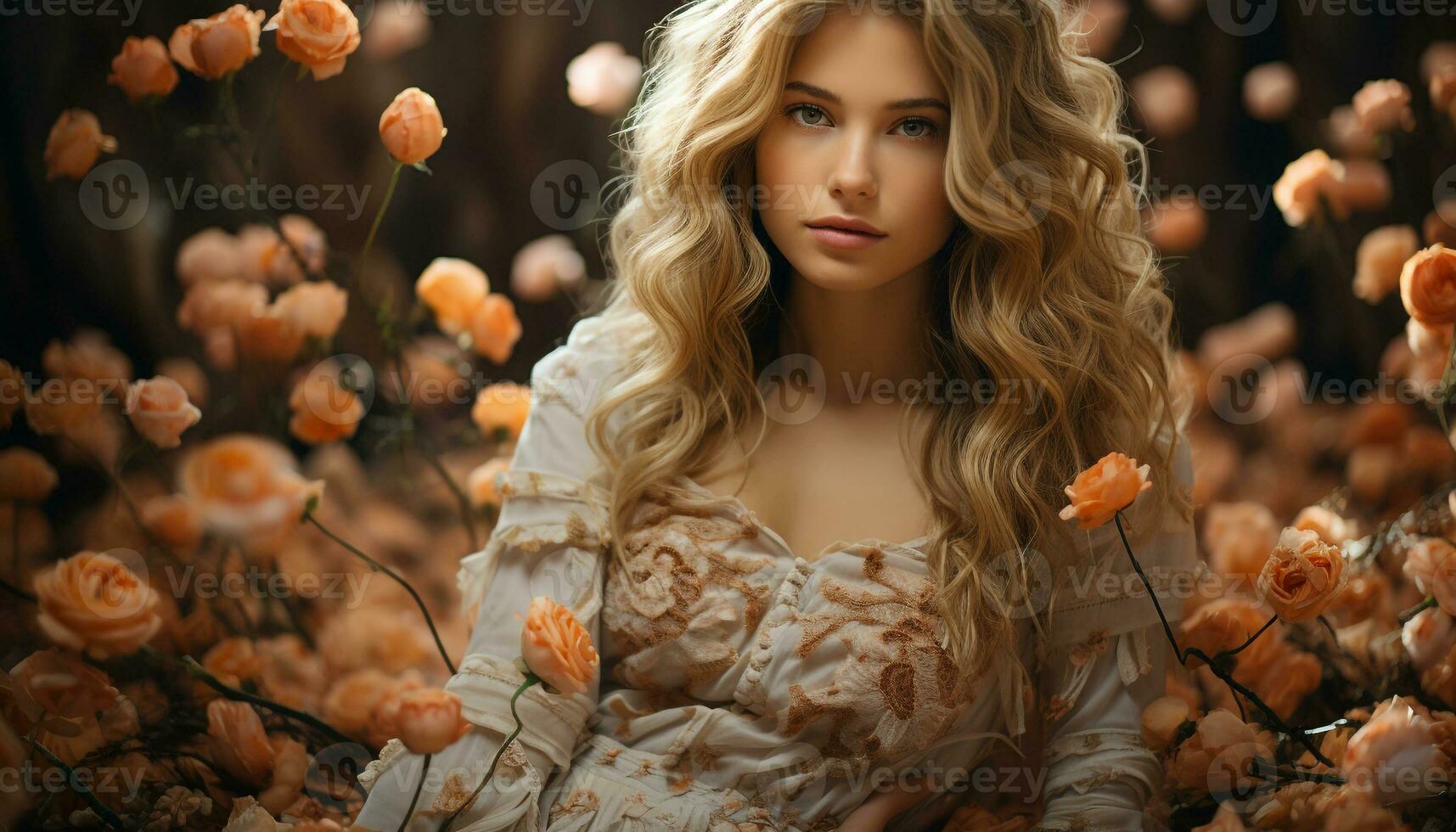 un hermosa caucásico mujer con largo rubio pelo y un flor generado por ai foto