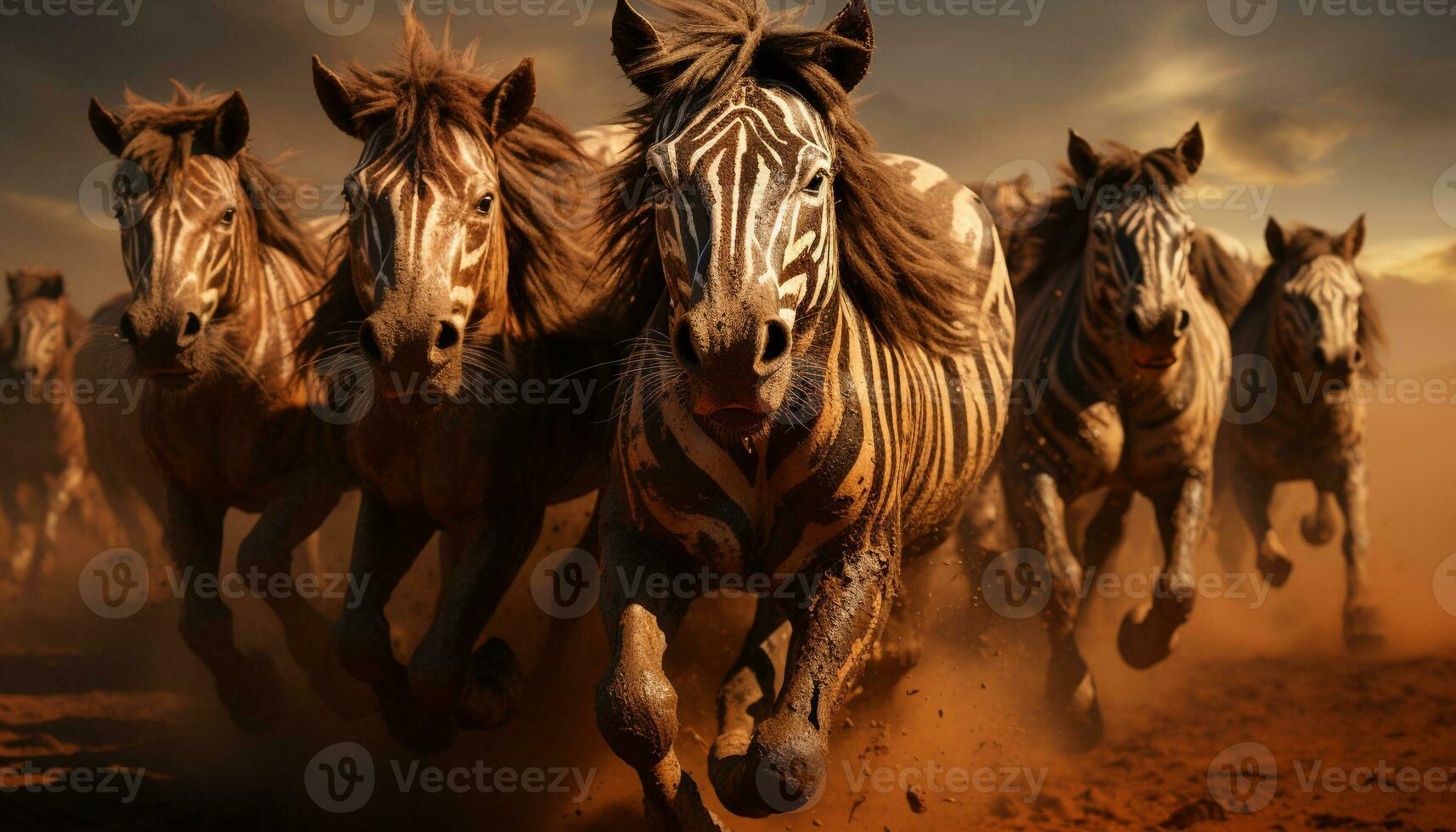 Running stallion in the African sunset, mane flowing, beauty in motion generated by AI photo