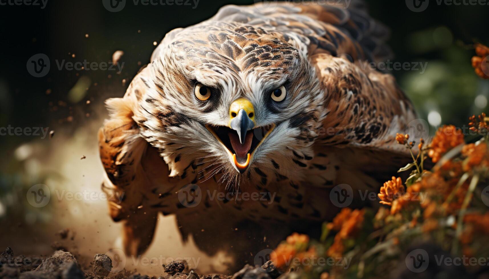 Majestic bird of prey, fierce and focused, staring with aggression generated by AI photo