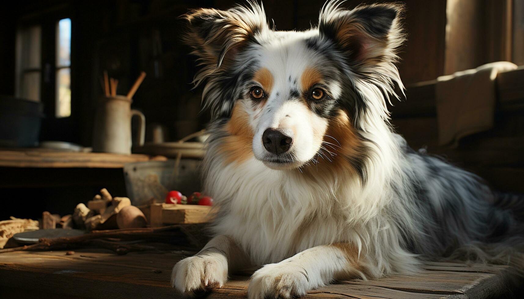 Cute puppy sitting, looking at camera, surrounded by loyal pets generated by AI photo