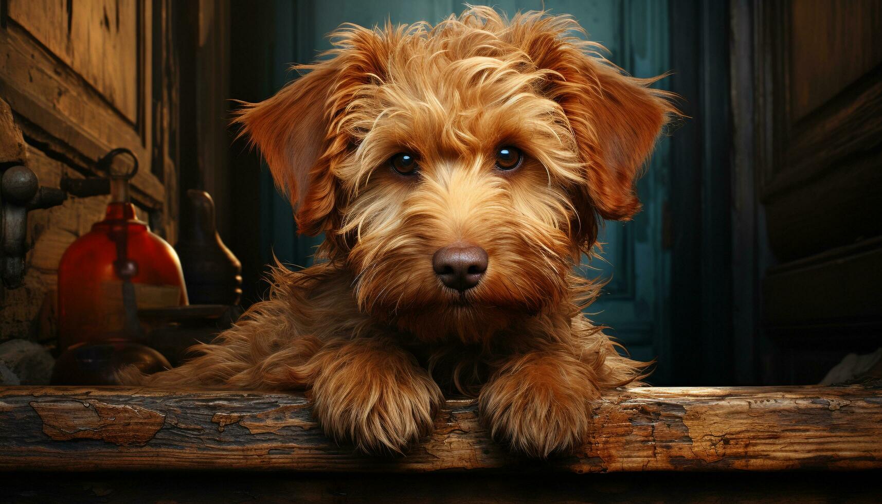 Cute puppy sitting on wood, looking at camera with obedience generated by AI photo