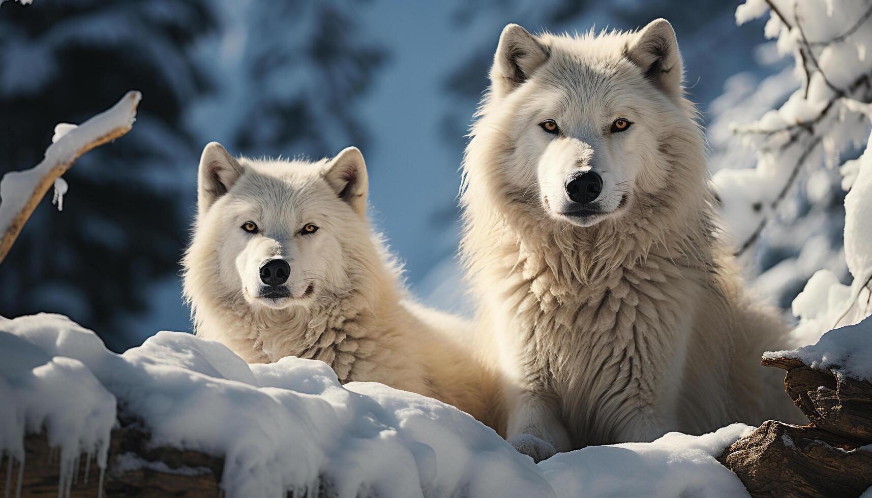 A cute Samoyed puppy playing in the snowy winter forest generated by AI photo
