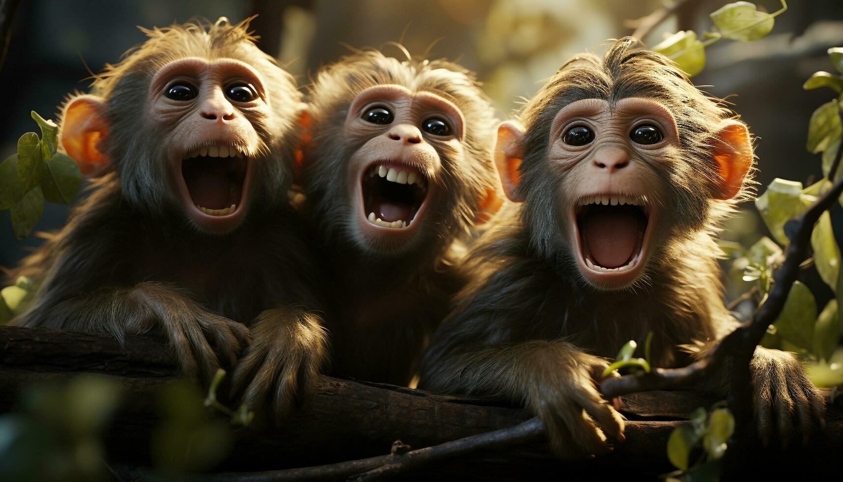 Cute young monkey in the forest, mouth open, laughing playfully generated by AI photo