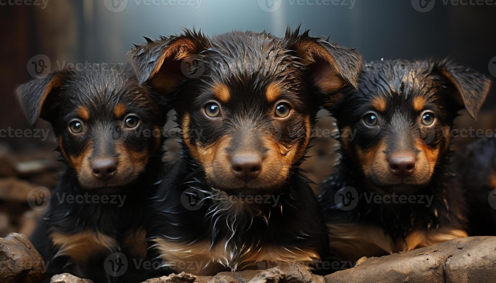 Cute puppy sitting, looking at camera, in a row with friends generated by AI photo