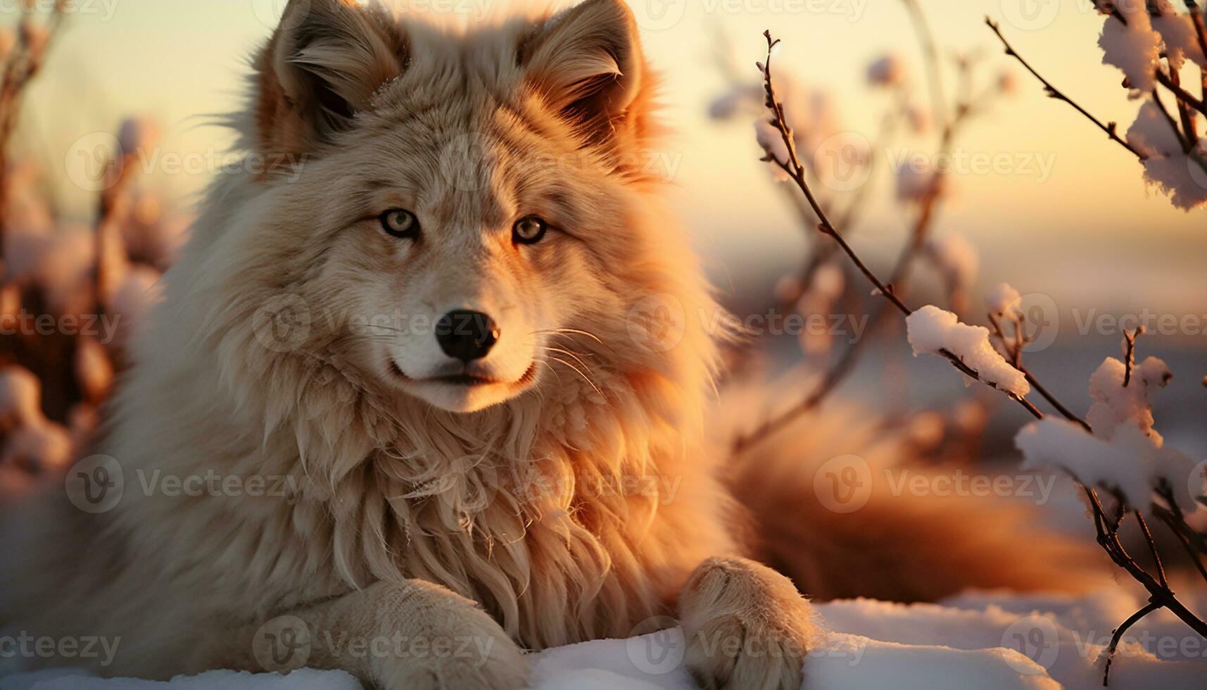 linda perro en Nevado bosque, sentado por árbol, disfrutando invierno generado por ai foto