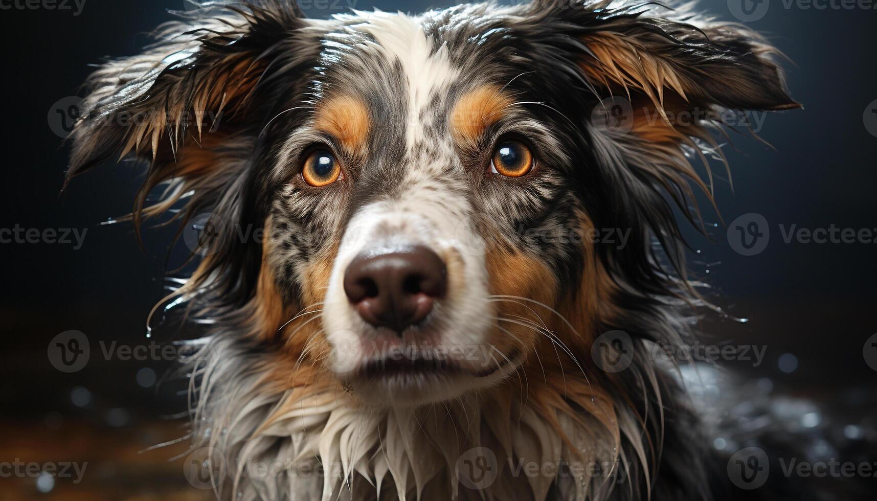 Cute puppy sitting indoors, looking at camera with loyalty generated by AI photo