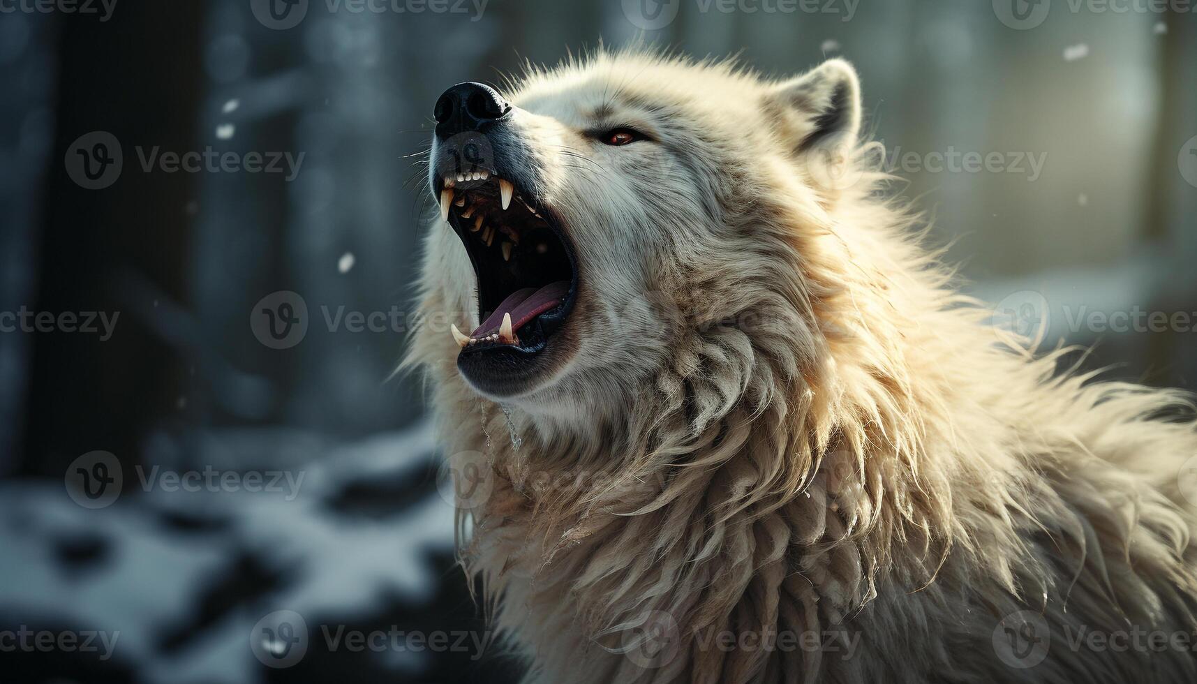 Cute dog in winter snow, fur wet, looking fierce generated by AI photo
