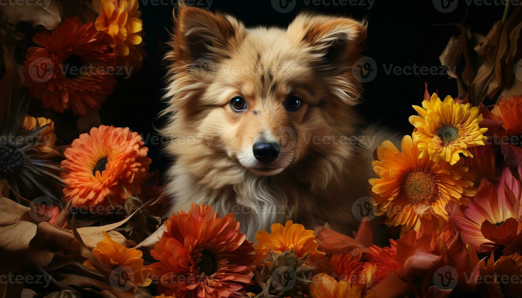 Cute puppy sitting, looking at camera, surrounded by beautiful flowers generated by AI photo