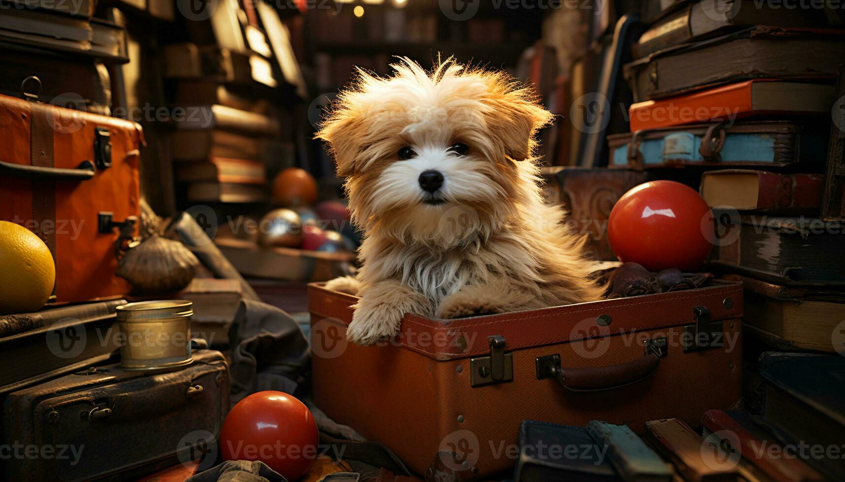 Cute puppy sitting, looking at camera, surrounded by travel luggage generated by AI photo