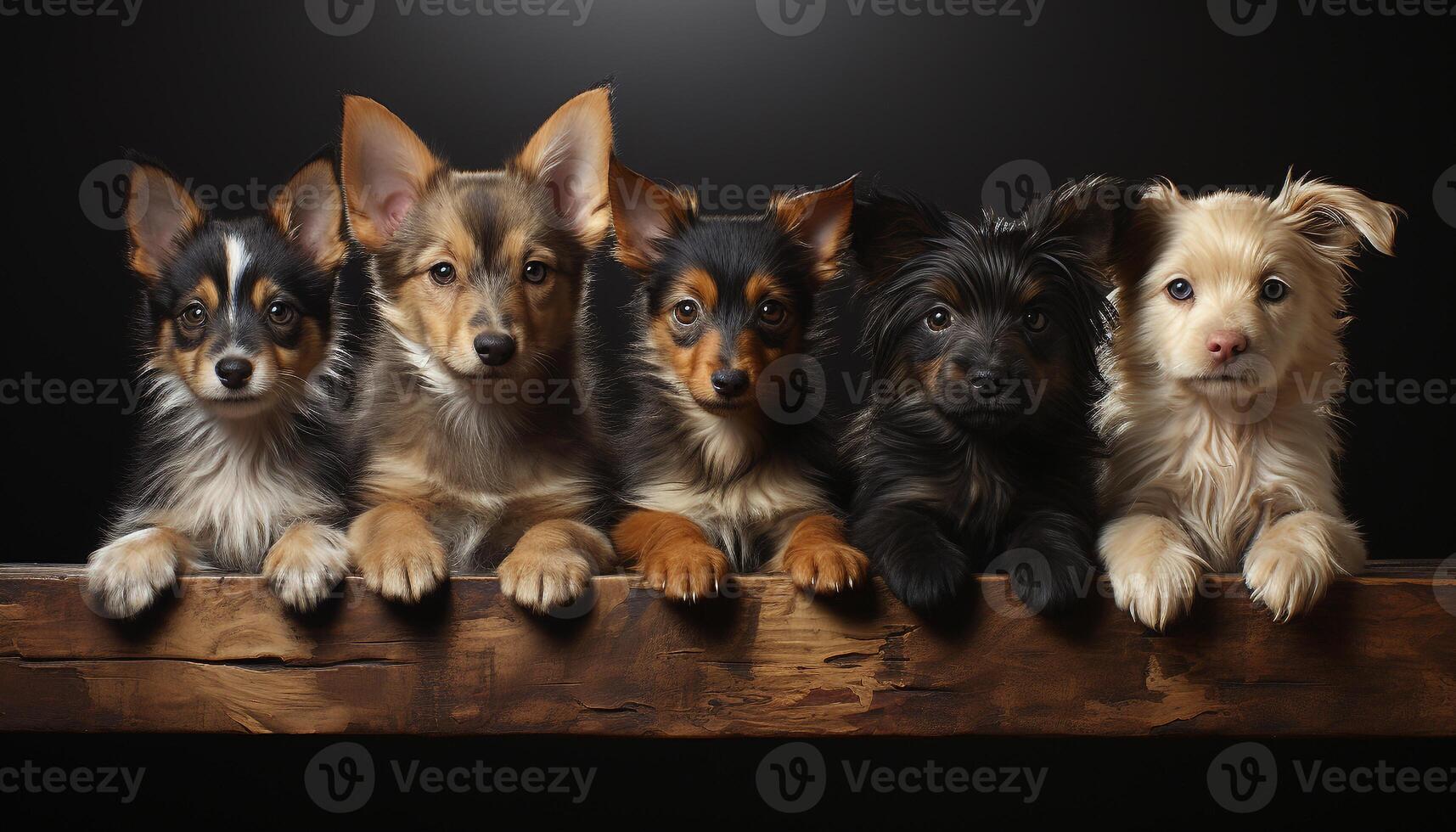 Cute puppy sitting, looking at camera, in a row indoors generated by AI photo