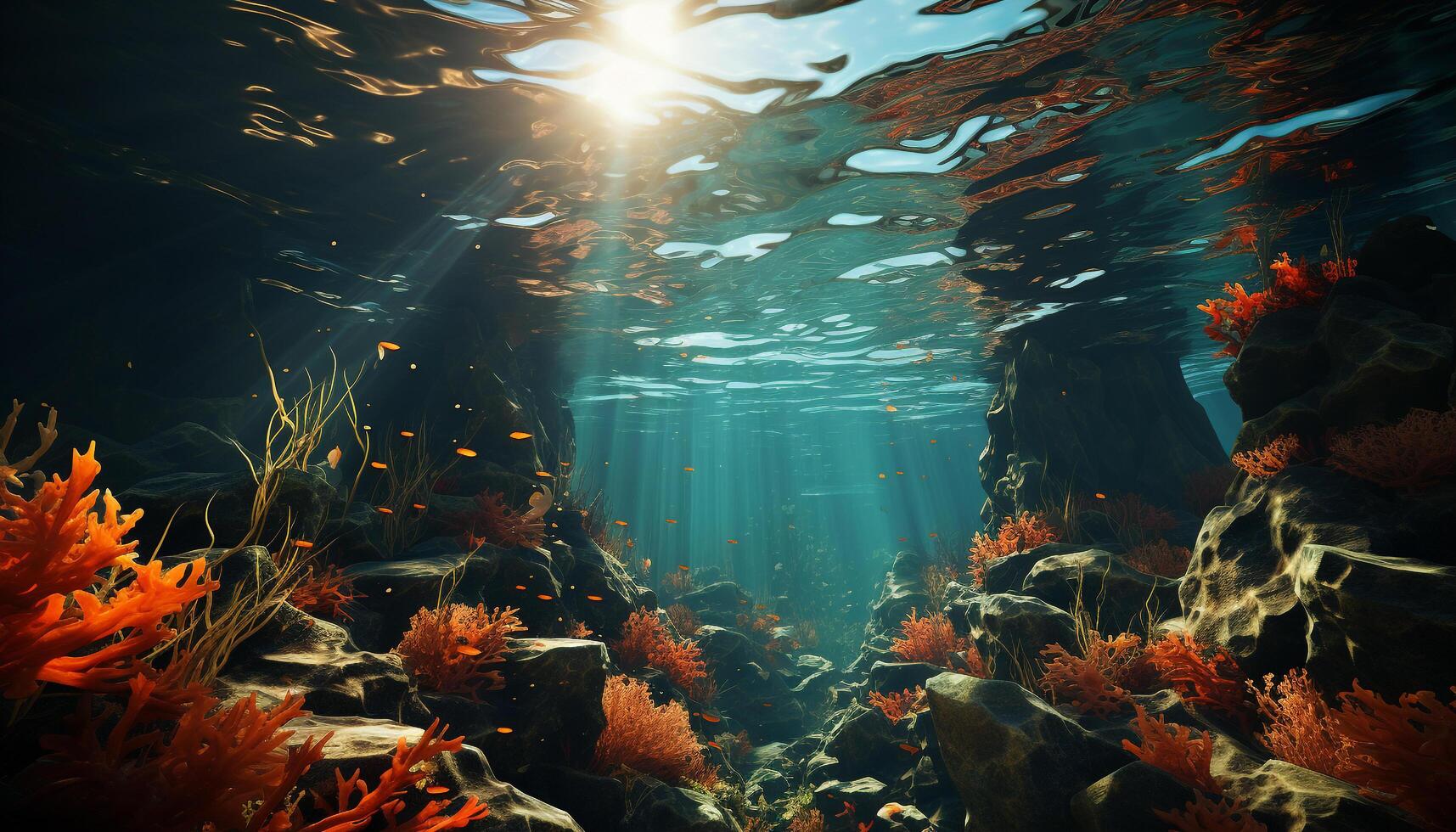 Underwater nature reveals fish, reef, and vibrant colors below generated by AI photo