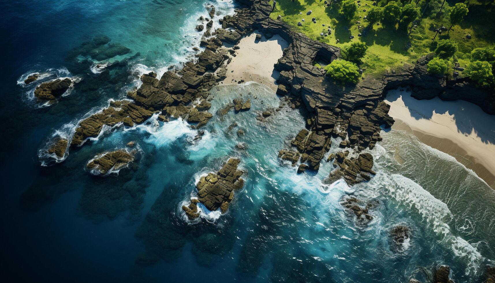 Aerial view of majestic coastline, waves crashing on rocky cliffs generated by AI photo