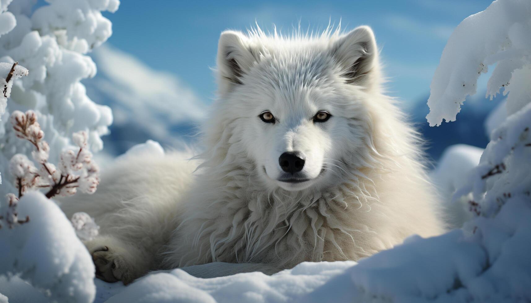 A cute Samoyed puppy playing in the snowy winter forest generated by AI photo