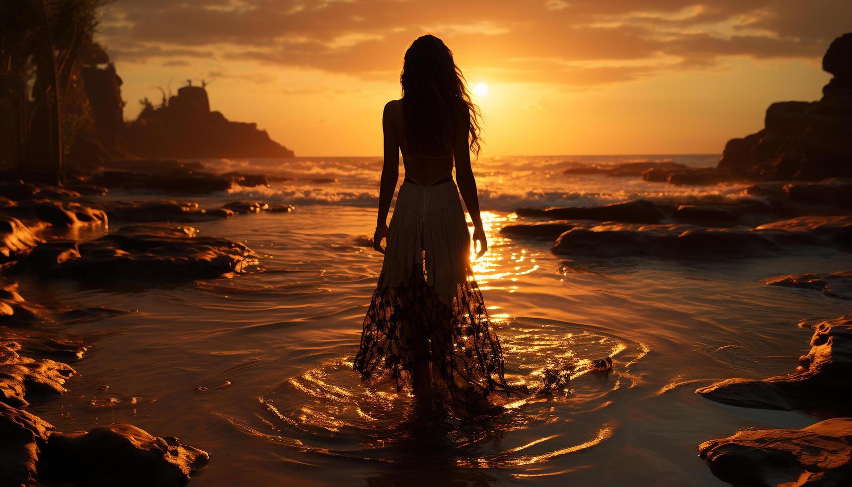 Young woman standing at water edge, enjoying the sunset generated by AI photo