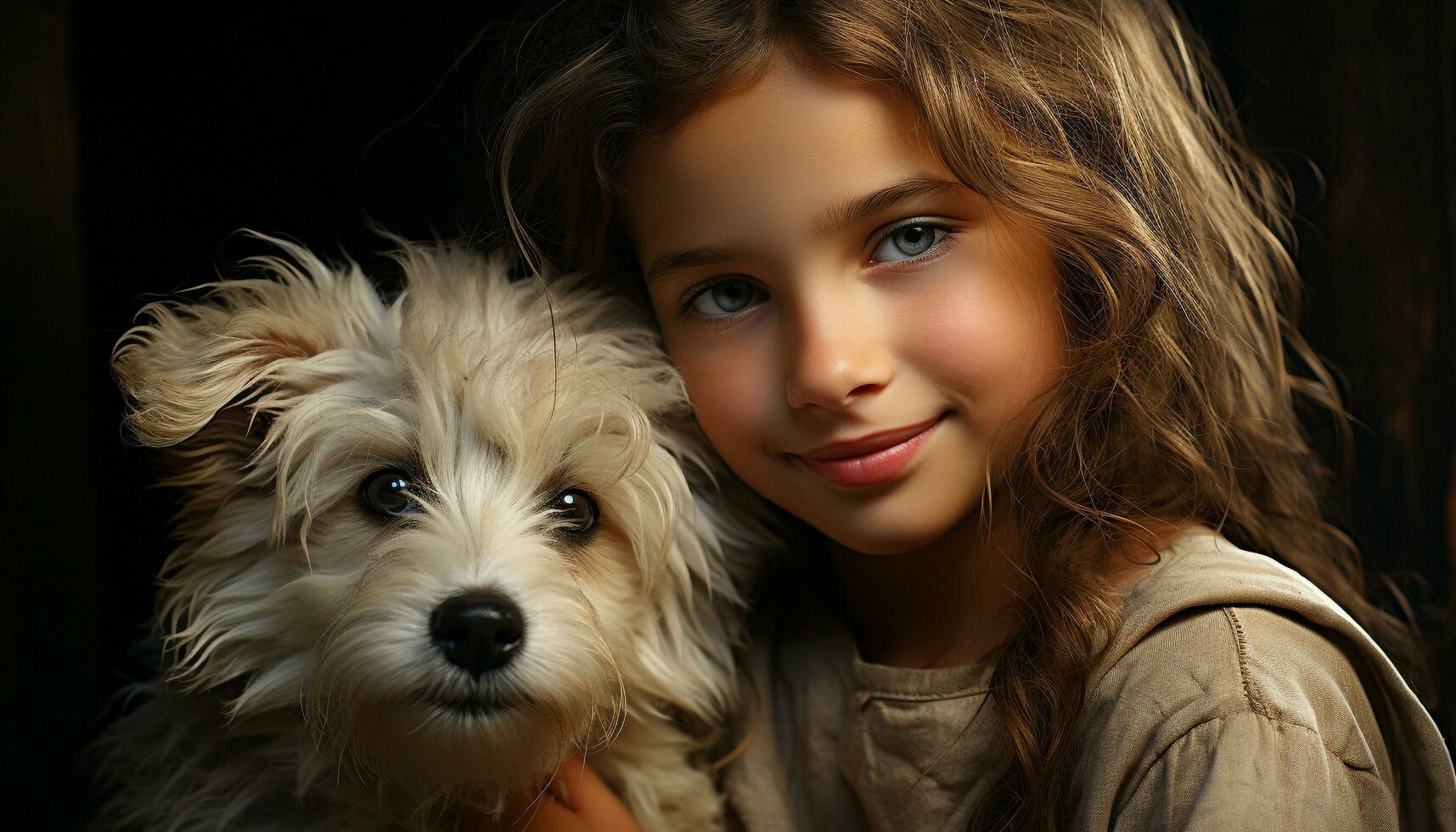 Cute dog, child, portrait, small, smiling, animal, Caucasian ethnicity, looking at camera generated by AI photo