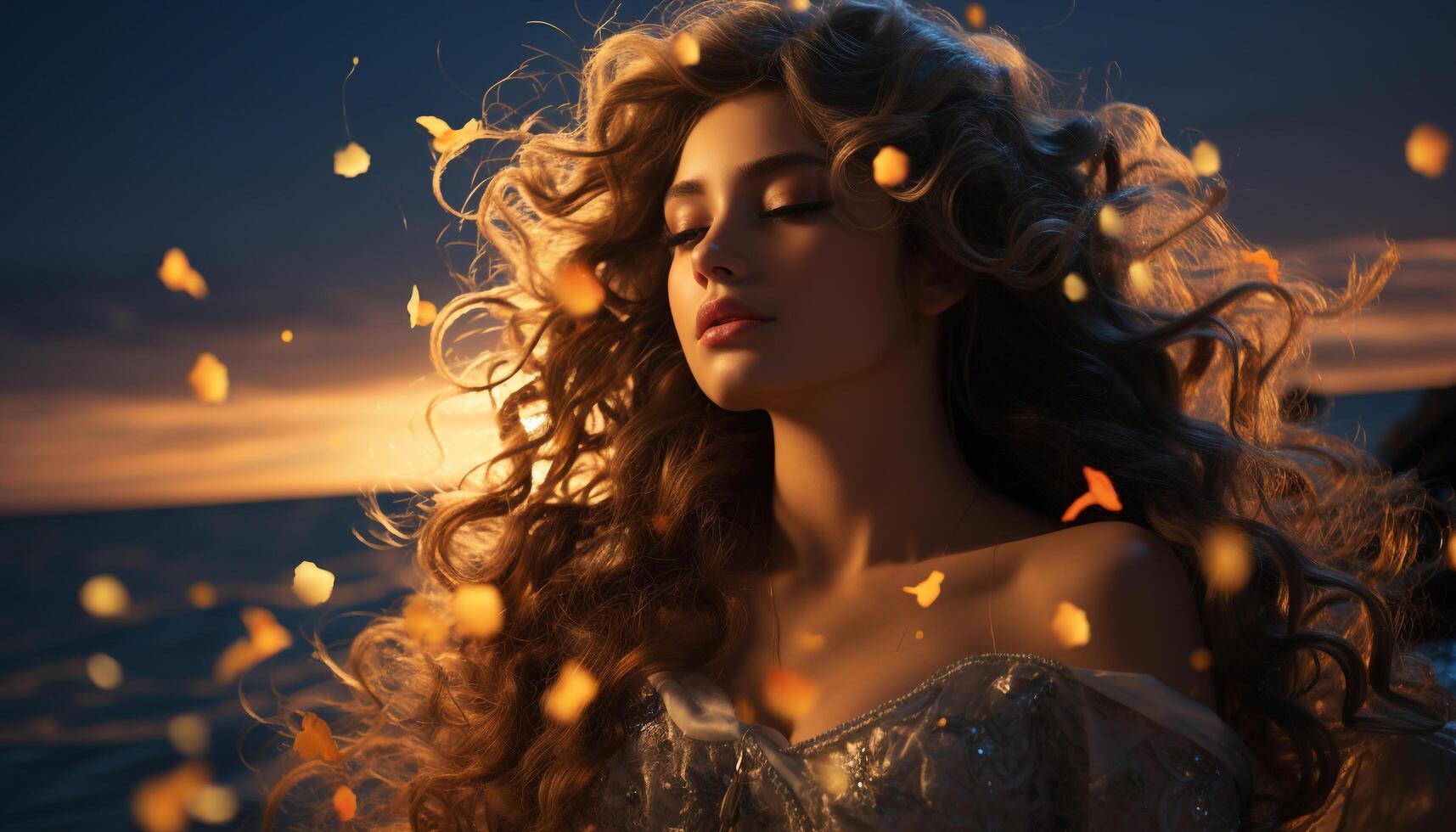 A beautiful young woman with long curly hair enjoys nature generated by AI photo