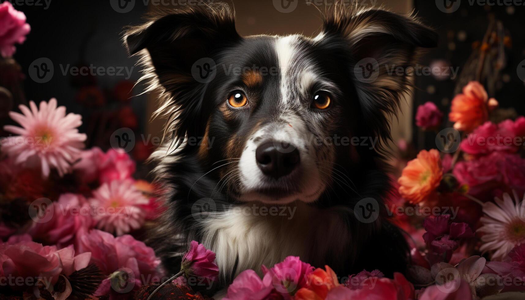 Cute puppy sitting, looking at camera, surrounded by beautiful flowers generated by AI photo