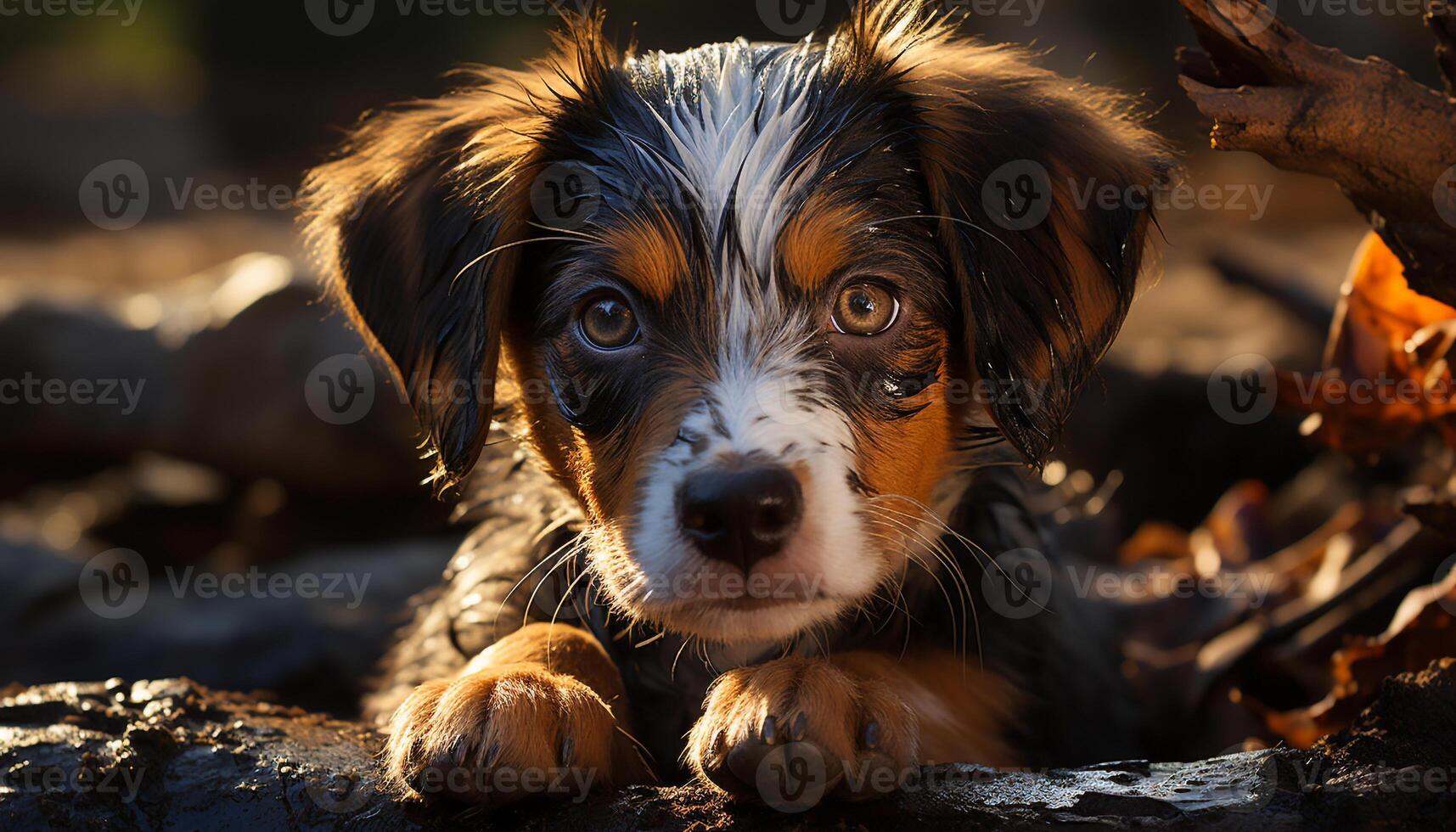 Cute puppy playing in the grass, looking at the camera generated by AI photo