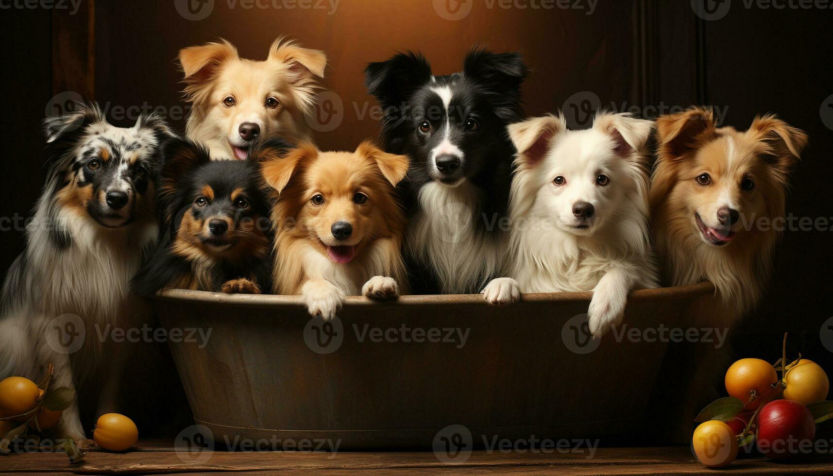 Cute puppy sitting, looking at camera, surrounded by fluffy friends generated by AI photo